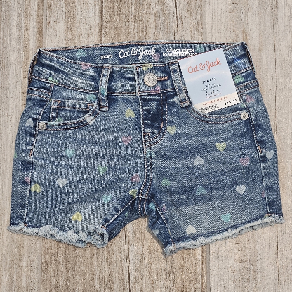 Cat & Jack Mid Rise Adjustable Waist Denim Shorts With Pastel Hearts